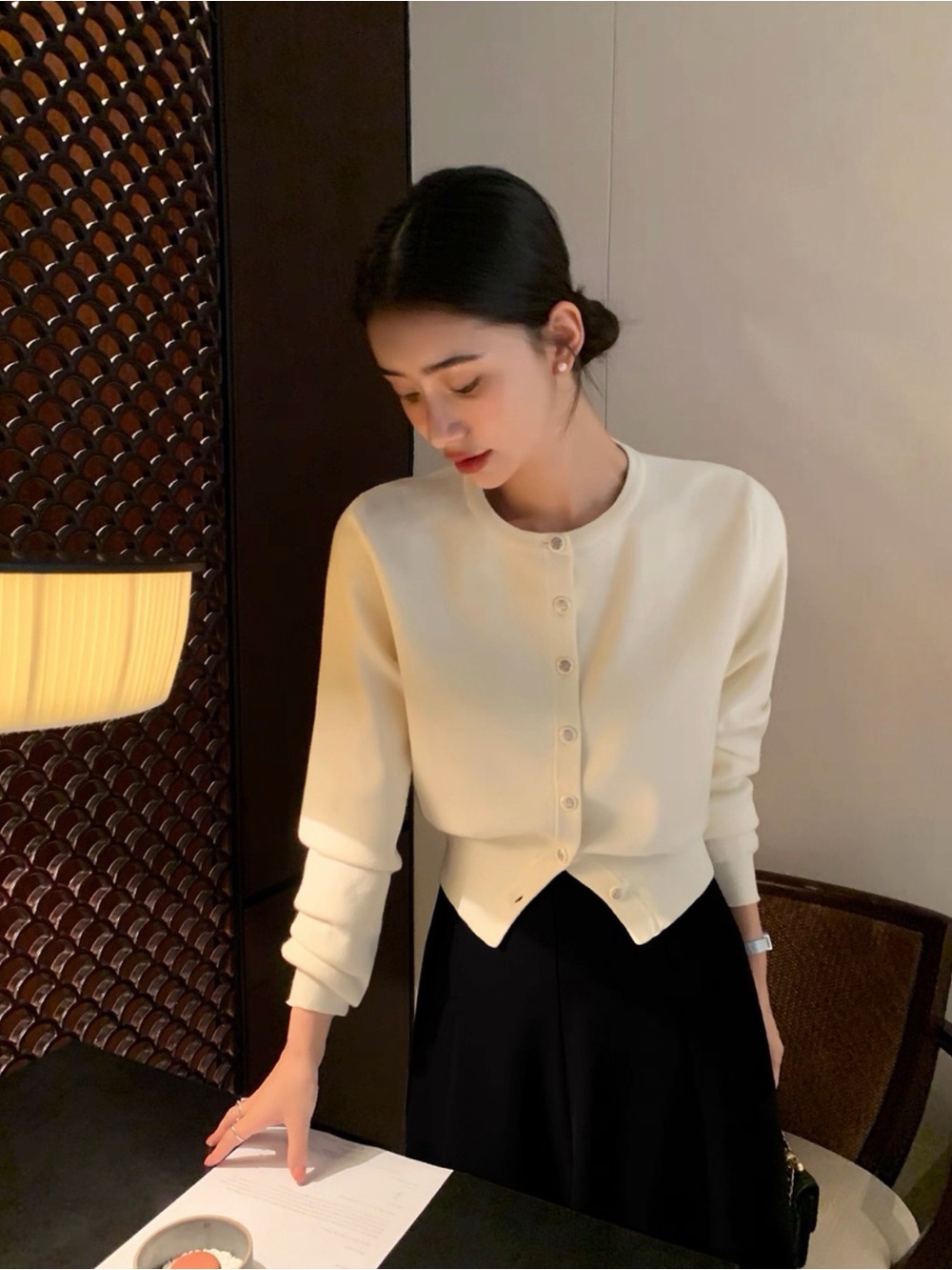 Women's Cream Button-Up Crewneck Sweater